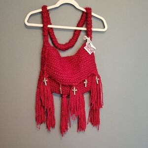 Handcrafted Red Fringe Hobo Bag